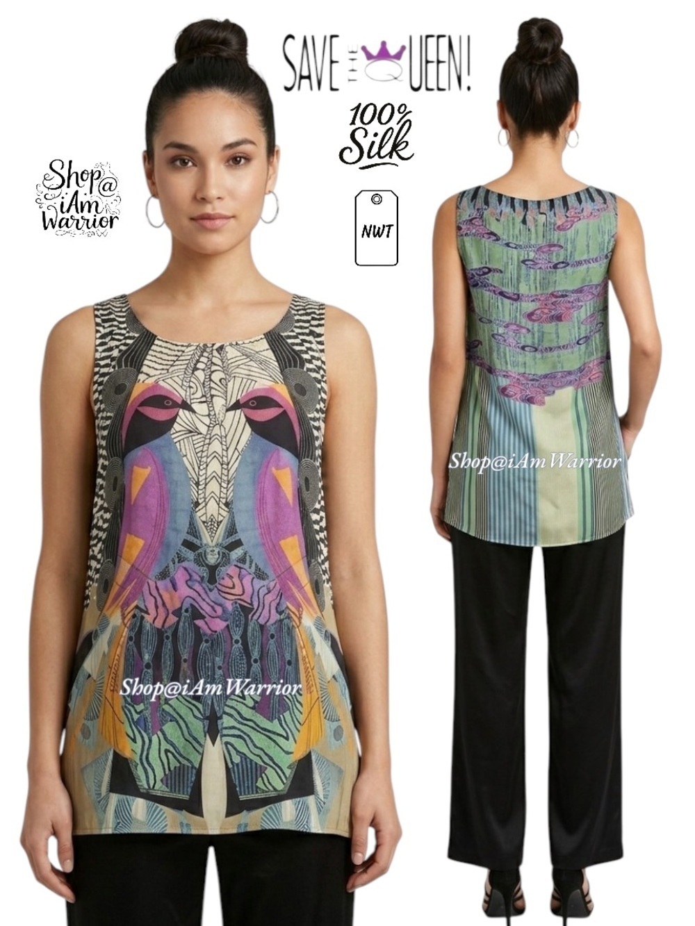 Save the Queen NWT rare mirrored bird silk sleeveless tunic *shop@iamwarior